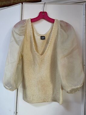 ADRI knitted Cream Knit Top with Sheer Puff Sleeves size M